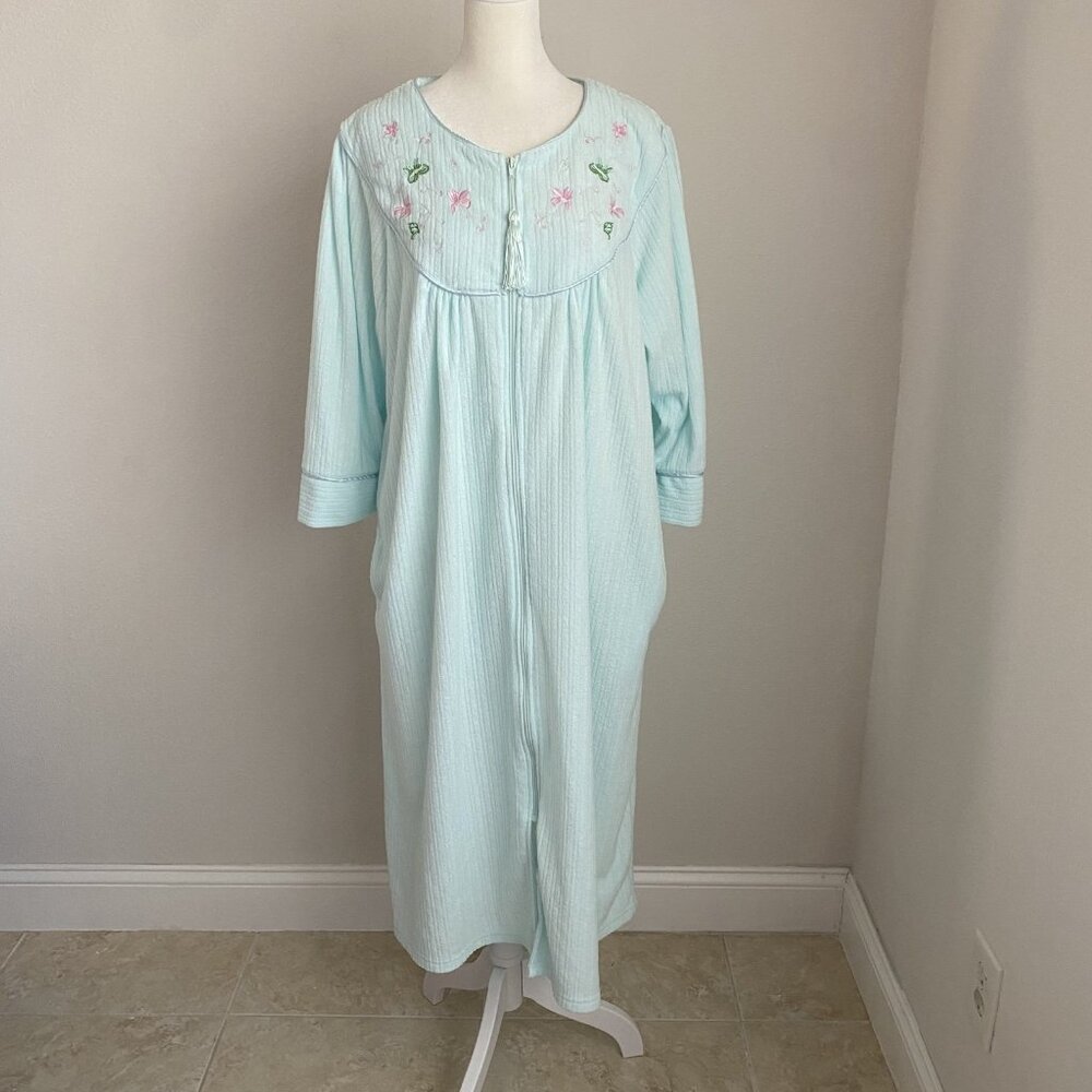 Casual Nights Womens Large L Teal Blue Ribbed Embroidered Zip Front Housecoat
